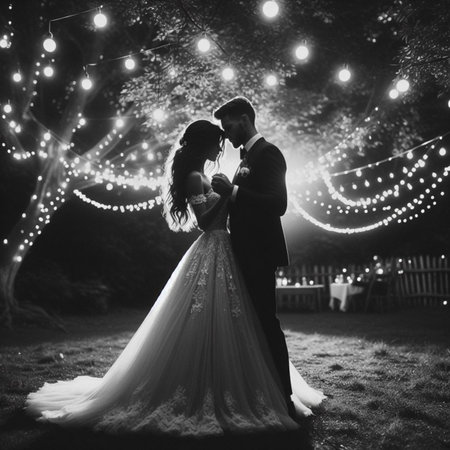 Wedding couple on the background of the night city. Black and white photo.の素材