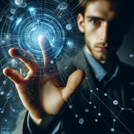 Businessman pressing high tech type of modern buttons on a virtual backgroundの素材