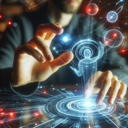 Close up of man's hands using digital tablet with abstract connection hologramの素材