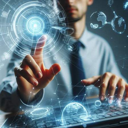 Close up of businessman touching icon on virtual screen. Innovation and innovation conceptの素材