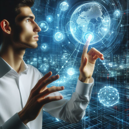 Close up of businessman touching icon of media screen. Concept of globalizationの素材