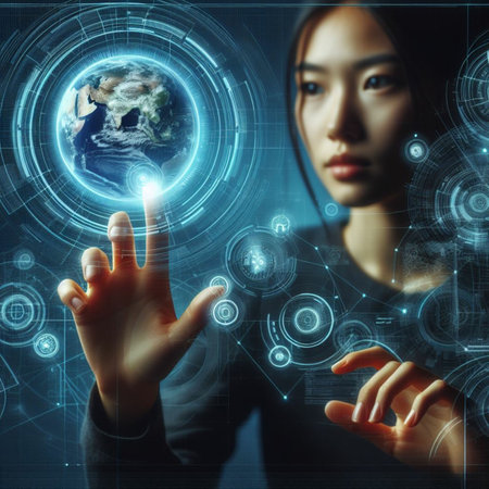 Close up of businesswoman touching icon of media screen on dark backgroundの素材