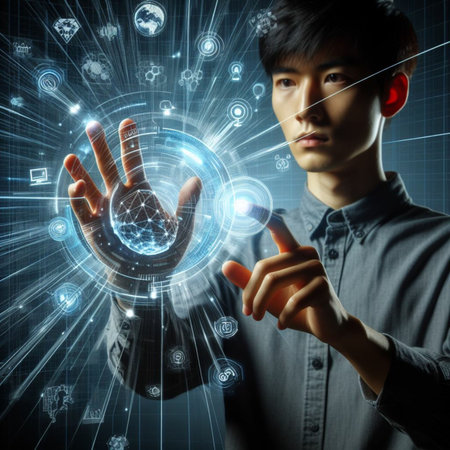 Young man pressing high tech type of modern buttons on a virtual backgroundの素材