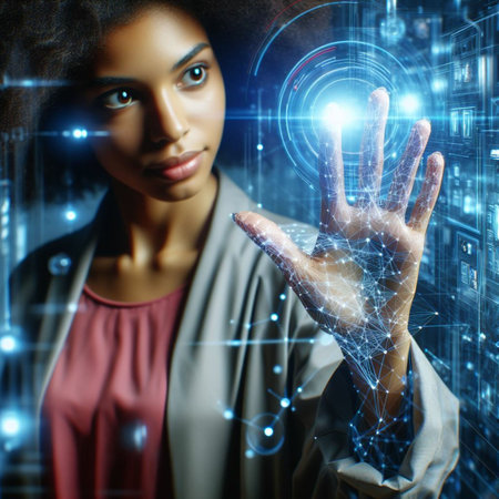 Portrait of young african american woman touching hologram screenの素材