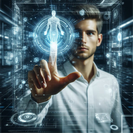 Businessman touching hologram screen with human figure on server room backgroundの素材