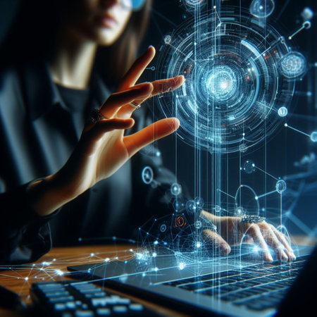 Close up of businesswoman working with laptop on dark background. Mixed mediaの素材
