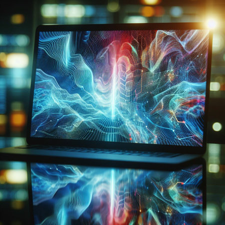 Laptop with abstract lights on the background of the night city.の素材