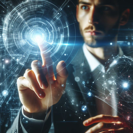 Businessman pressing high tech type of modern buttons on a virtual backgroundの素材