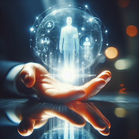 Close up of human hand holding media user hologram. 3D renderingの素材