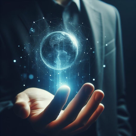 Close up of businessman hand holding glowing earth planet. Global business conceptの素材