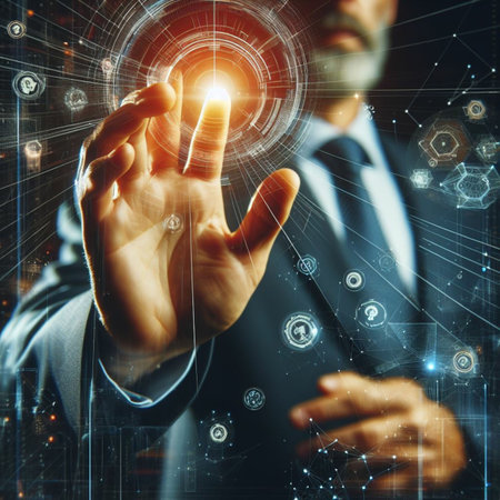 Businessman working with virtual panel interface. Technology and innovation concept. Double exposureの素材