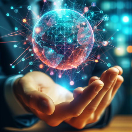 Businessman holding global network connection in his hand. 3D renderingの素材