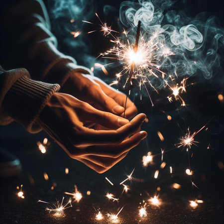 Close-up of female hands holding sparkler on dark background.の素材