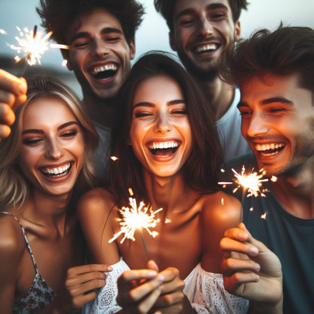 Group of young people holding sparklers in hands and looking at cameraの素材