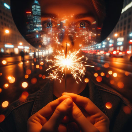 Woman holding sparkler in her hands on the background of the night cityの素材