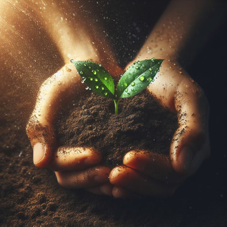 Hands holding a green sprout growing from soil. Ecology conceptの素材
