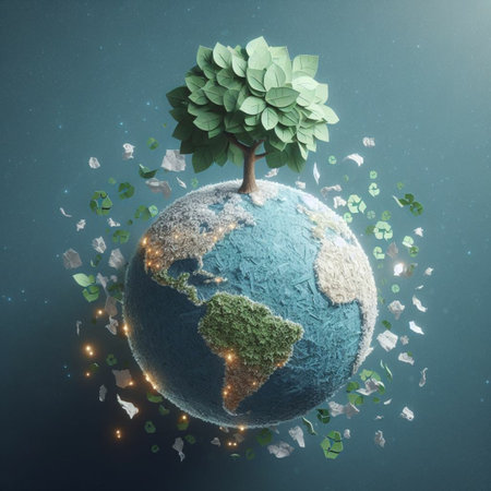 Ecology concept with green tree growing from earth. 3D renderingの素材