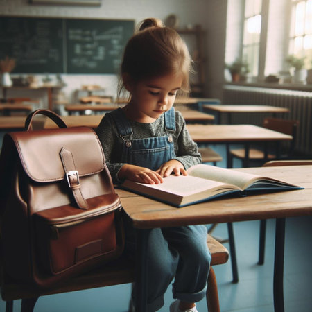 Cute little girl reading a book while sitting at a desk in a cafeの素材