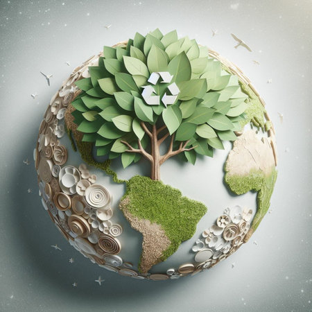 3d render of earth with green tree and coins. Earth day conceptの素材