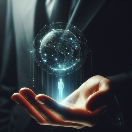 Close up of businessman hand holding global network hologram. 3D renderingの素材