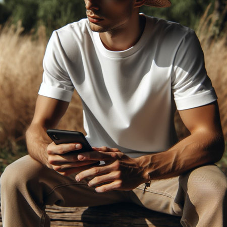 Close-up of a young man in a white T-shirt and a hat sitting on a bench and using a smartphone.の素材