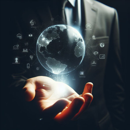 Businessman holding a glowing earth globe in his hand. 3D renderingの素材