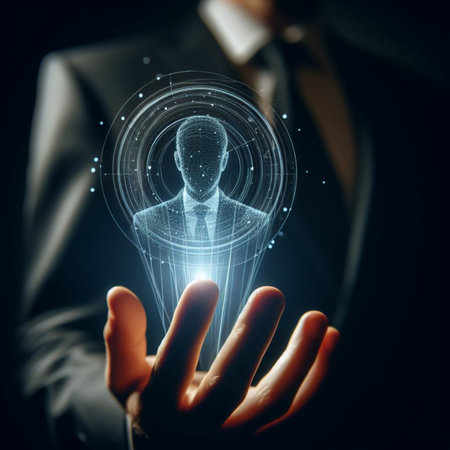 Businessman holding a virtual projection of a human head in his handの素材
