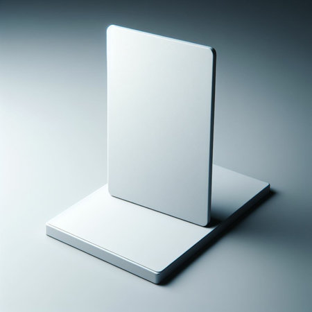 Blank white stand display on gray background. 3D rendering.の素材