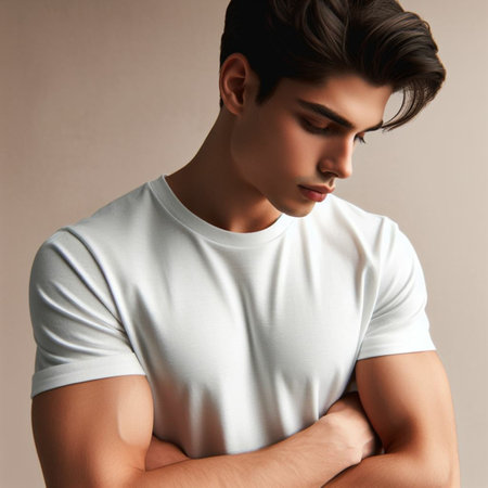 Handsome young man in white t-shirt on gray backgroundの素材
