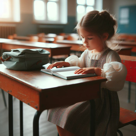 Little schoolgirl sitting at the desk in the classroom and reading a bookの素材