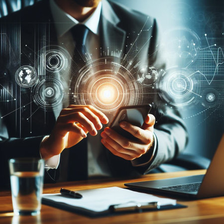 Businessman using mobile phone in office with digital business interface. Double exposureの素材