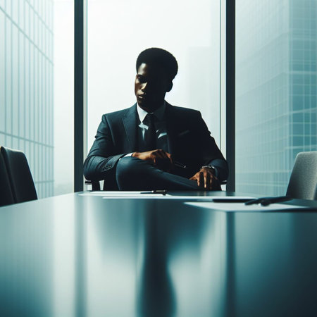 African american businessman sitting at the table in office. Toned imageの素材