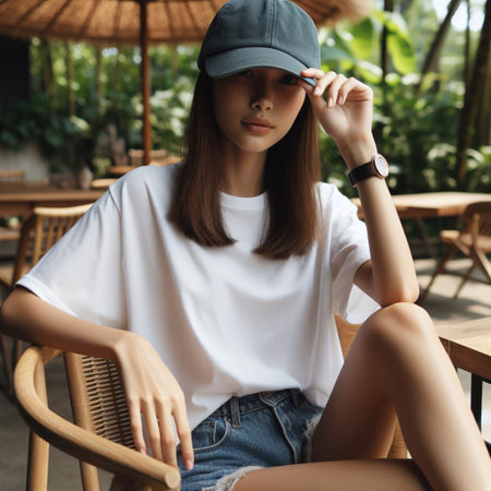 fashion outdoor photo of beautiful woman with dark hair in elegant clothes and cap posing in summer cafeの素材