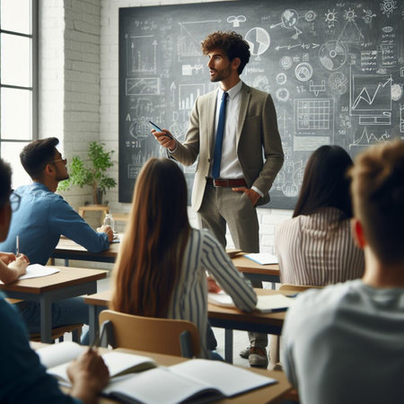 Businessman in formal wear with flipchart on the blackboard.の素材