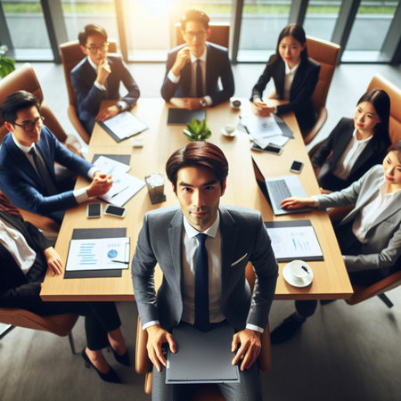 business, people and teamwork concept - smiling businessman with laptop computer in officeの素材