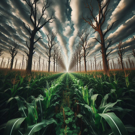 3D Illustration of a Cornfield in a Stormy Dayの素材