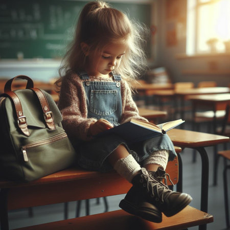 Cute little girl reading a book while sitting in a classroom at schoolの素材