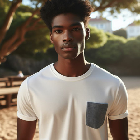 Portrait of a young African American man in white t-shirt on the beach.の素材