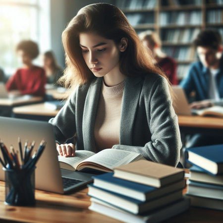 Young female student sitting at desk with books and laptop, preparing for examの素材