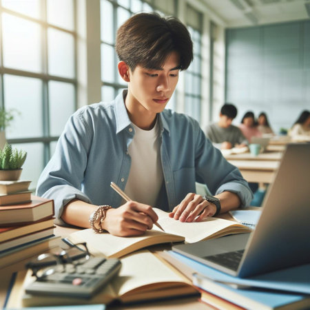 Portrait of young Asian man writing in notebook while sitting at table with laptop and booksの素材