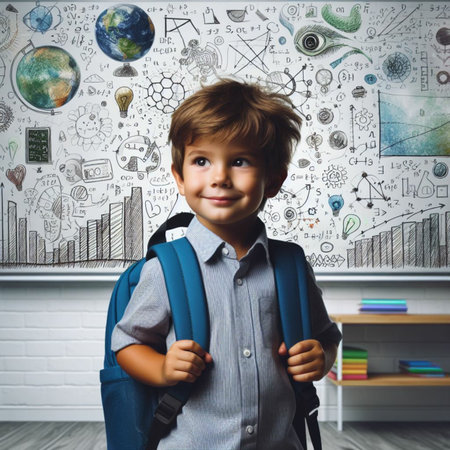 Portrait of a little boy with a backpack in the classroom. Back to school concept.の素材