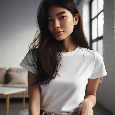 beautiful asian woman in white t-shirt looking at cameraの素材