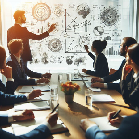 Business people in a meeting at the table with charts and diagrams.の素材