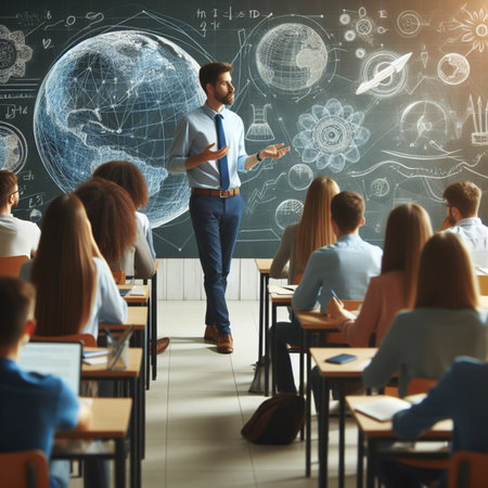 education, technology and people concept - smiling teacher with globe in classroomの素材