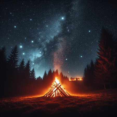 Camping in the mountains at night with a bonfire and stars in the skyの素材