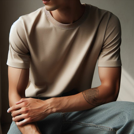 Handsome young man with tattoo on arm sitting on floor in roomの素材