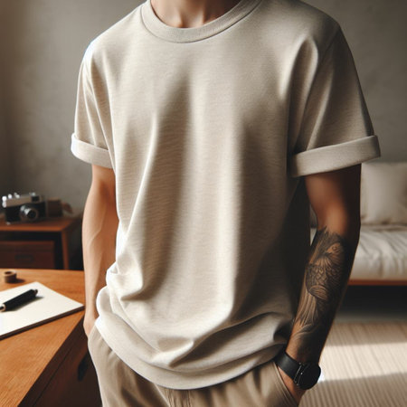 Tattooed man wearing blank white t-shirt mockupの素材