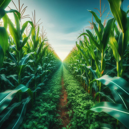 Corn field at sunset, 3d rendering. Computer digital drawing.の素材