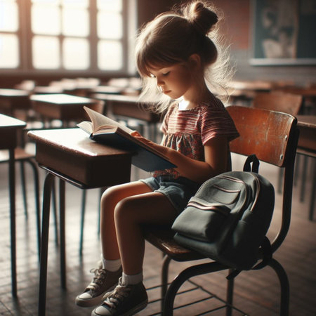 Cute little schoolgirl reading a book while sitting on a chair in a classroomの素材