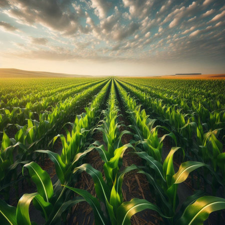 Agricultural field with green corn plants at sunset. Agricultural landscapeの素材